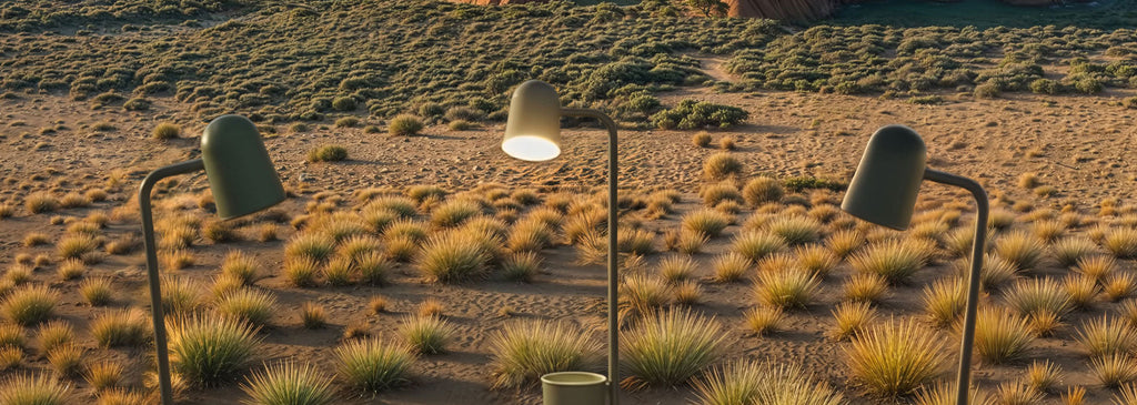 Three Buddy Table Lamps in dark green standing in the Australian desert landscape at Uluru, captured in warm afternoon light for Lighterior’s 4th Birthday campaign.