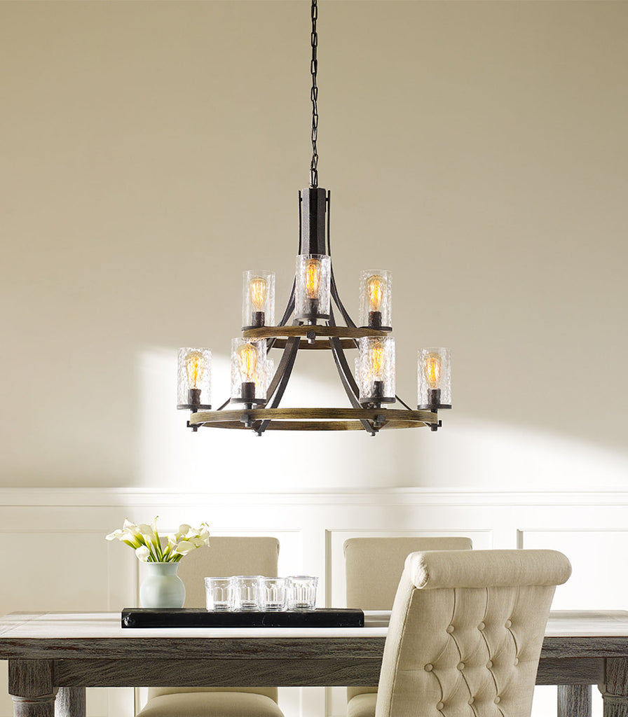 Elstead Angelo 9lt Chandelier hanging over dining table