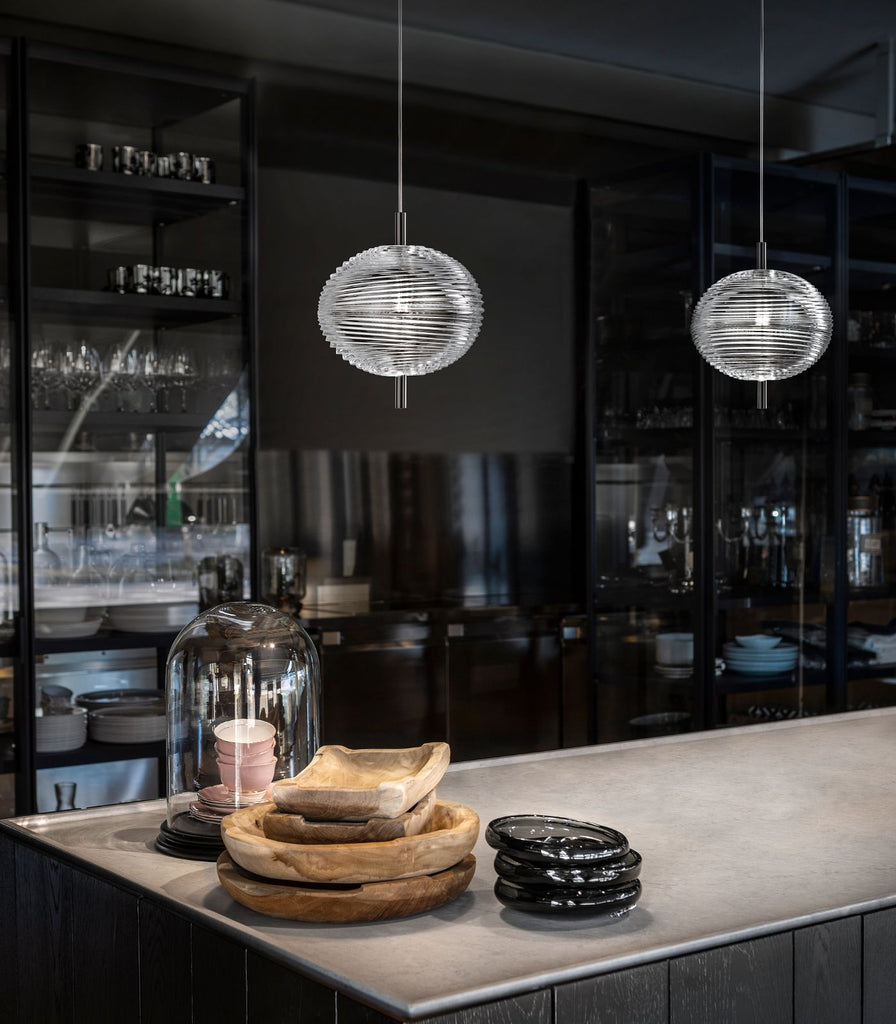 Lodes Jefferson Chrome Pendant Light hanging in kitchen bench