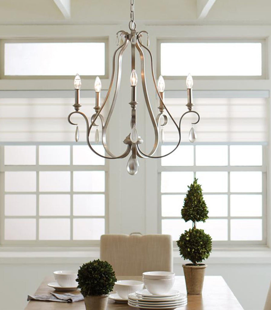 Elstead Dewitt Chandelier hanging over dining table