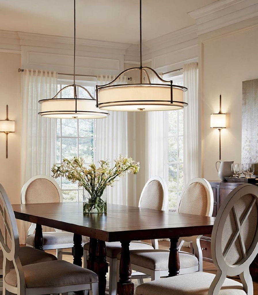 Elstead Emory Pendant Light hanging over dining table