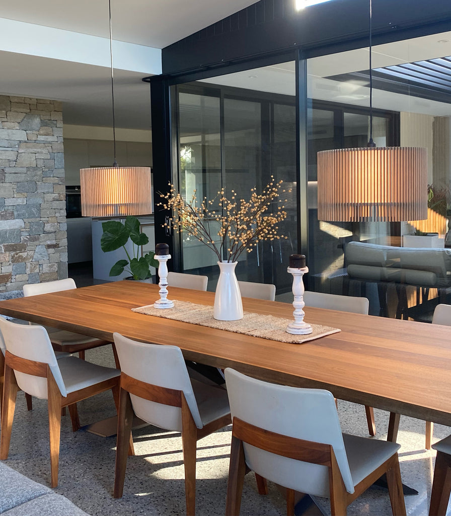 Maker Design Studio iO drum pendant light in dining space