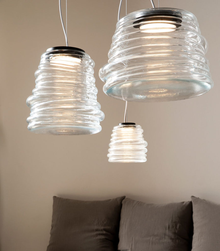 Karman Bibendum Clear Pendant Light hanging in Living room close up