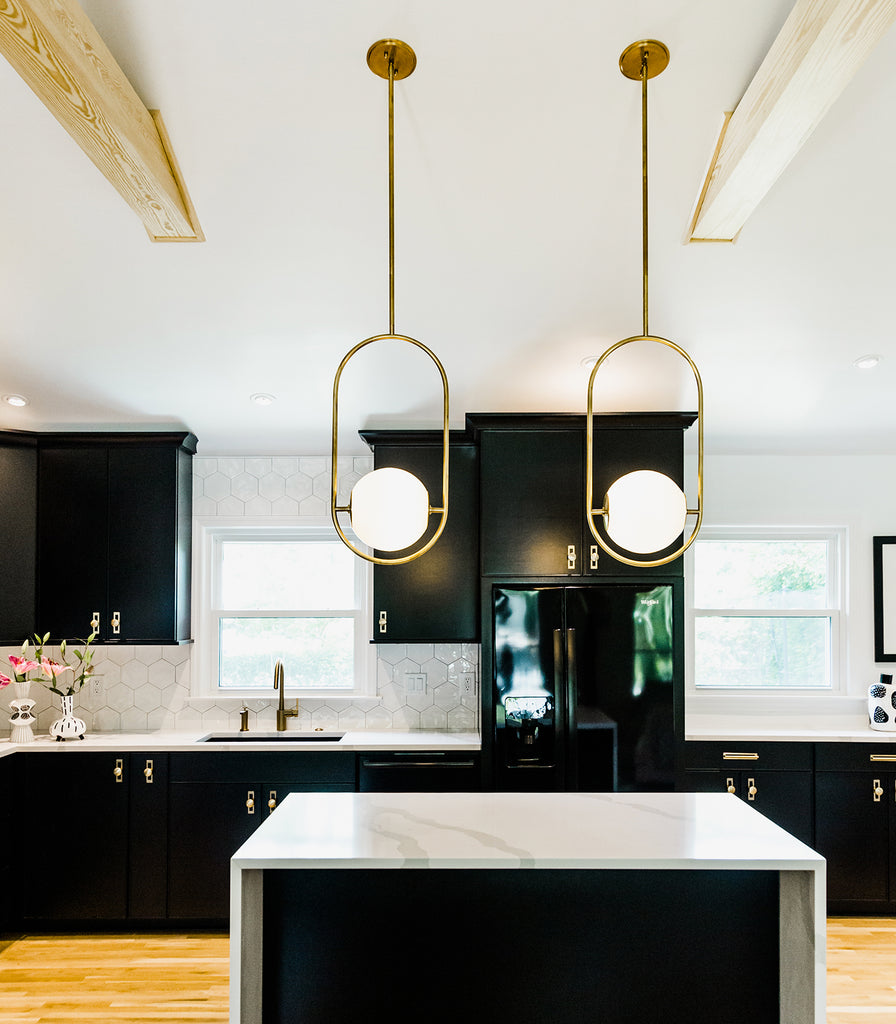 Hudson Valley Everley Pendant Light hanging over a kitchen bench