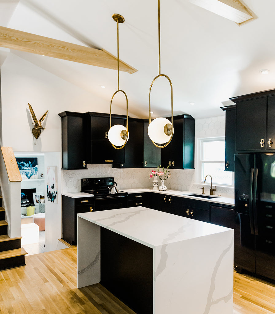 Hudson Valley Everley Pendant Light hanging over a kitchen bench