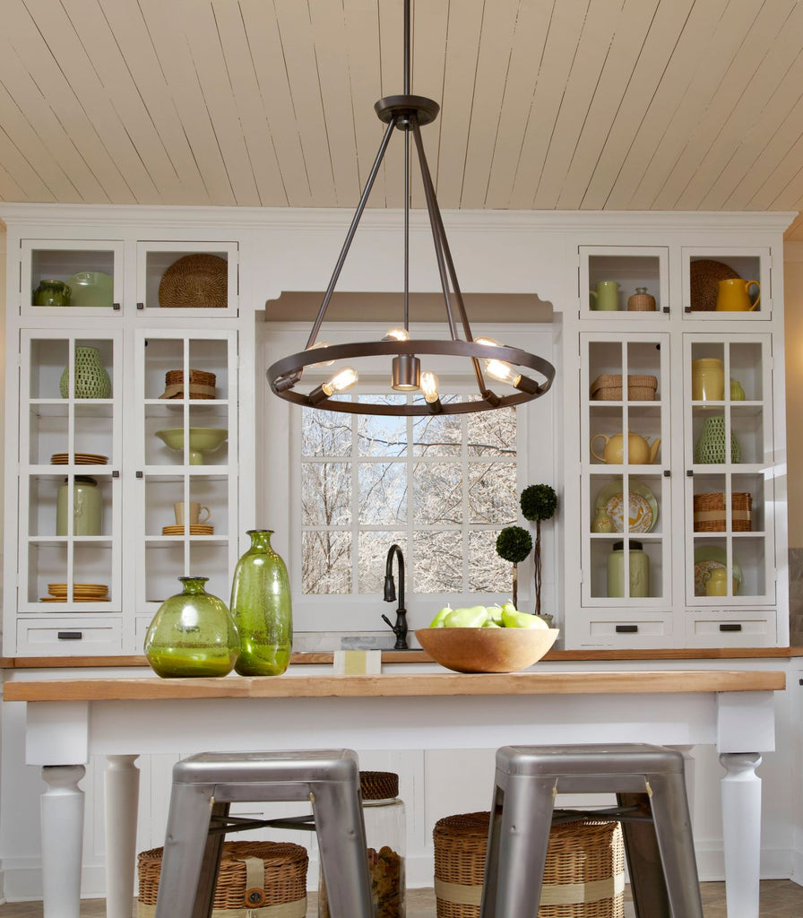 Elstead Theater Row Pendant Light hanging over kitchen bench