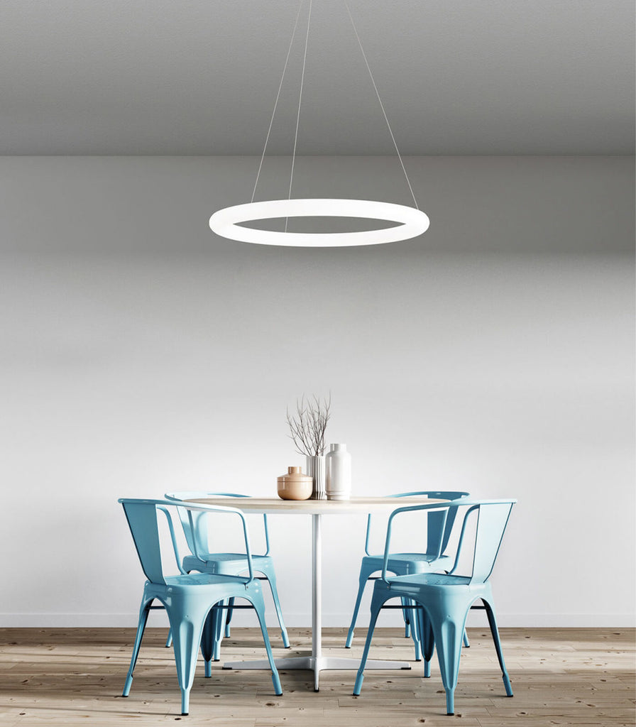 Linea Light Polo Pendant Light hanging over dining table