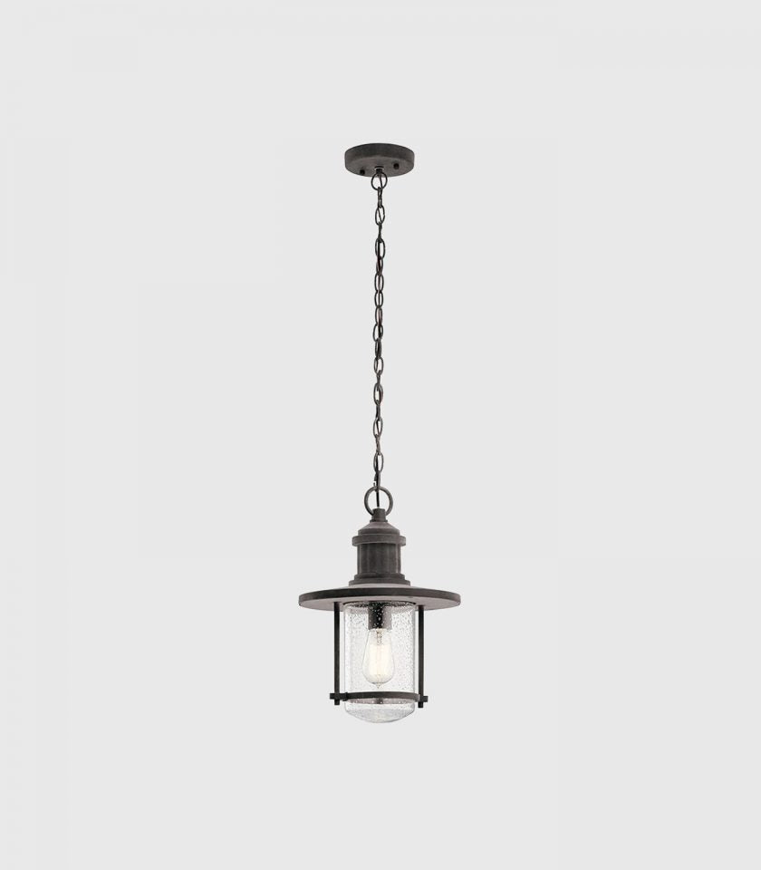 Elstead Riverwood Pendant Light in Weathered Zinc/Clear Seedy