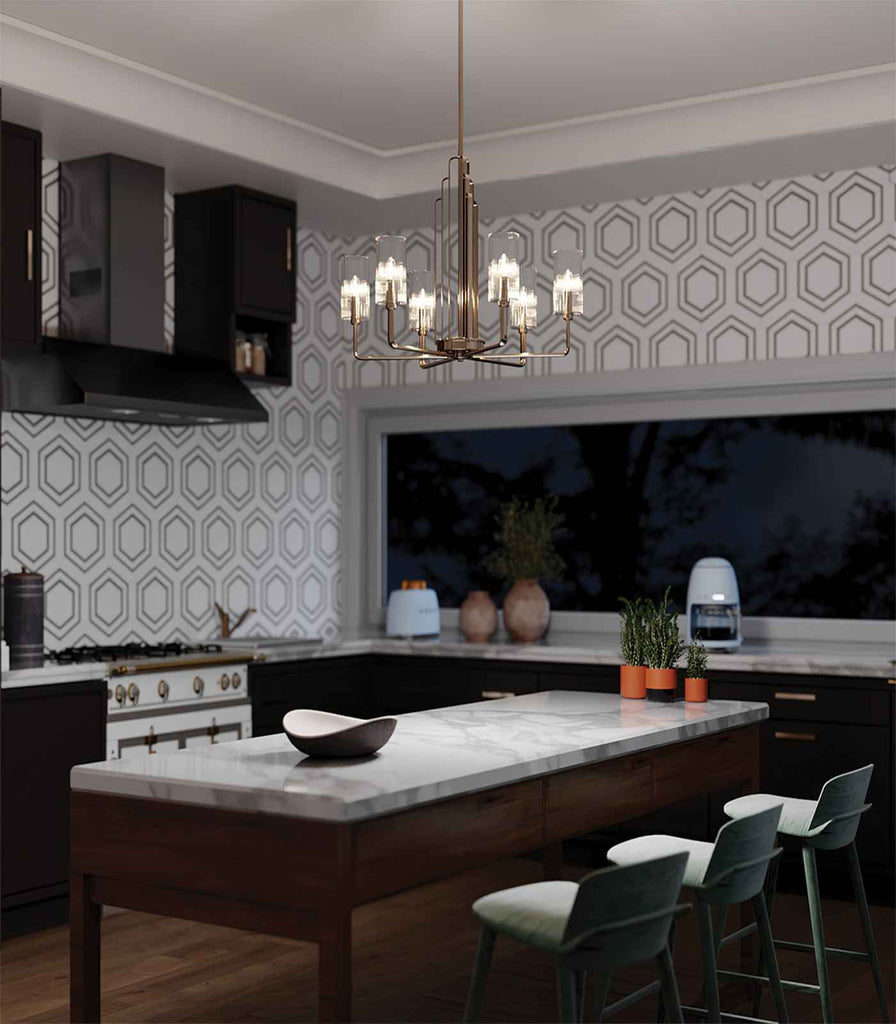 Quintiesse Kimrose 6lt Chandelier hanging over kitchen bench