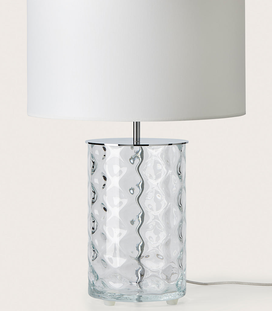 Aromas Shadow Table Lamp in Chrome and Clear glass with White shade close up